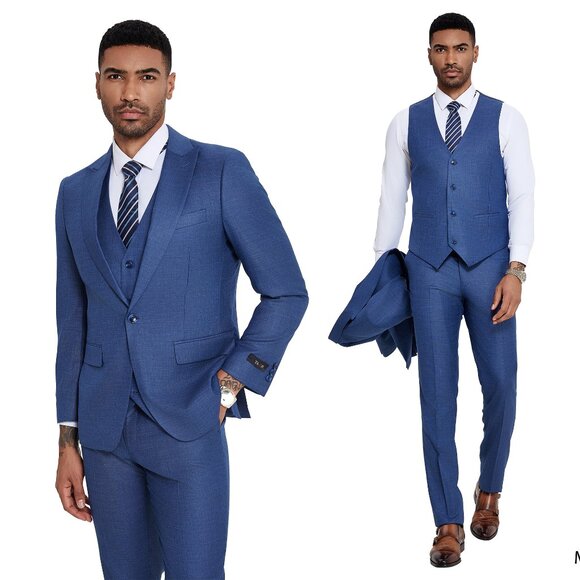 Skinny Fit Blue Sharkskin 3pc Mens Suit Set by Tazzio
